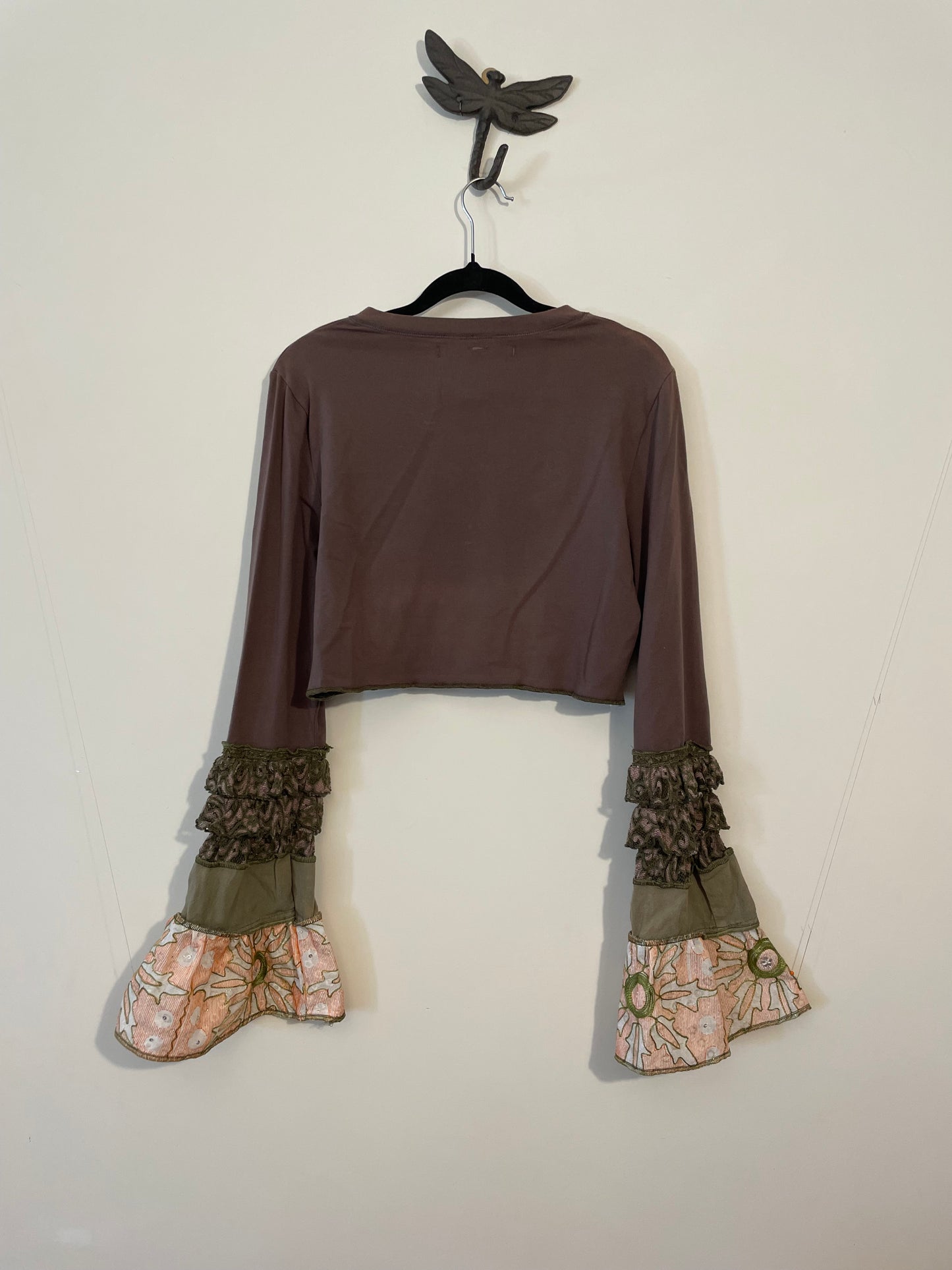 Brown Green and Pink Lace Cropped Flare Top