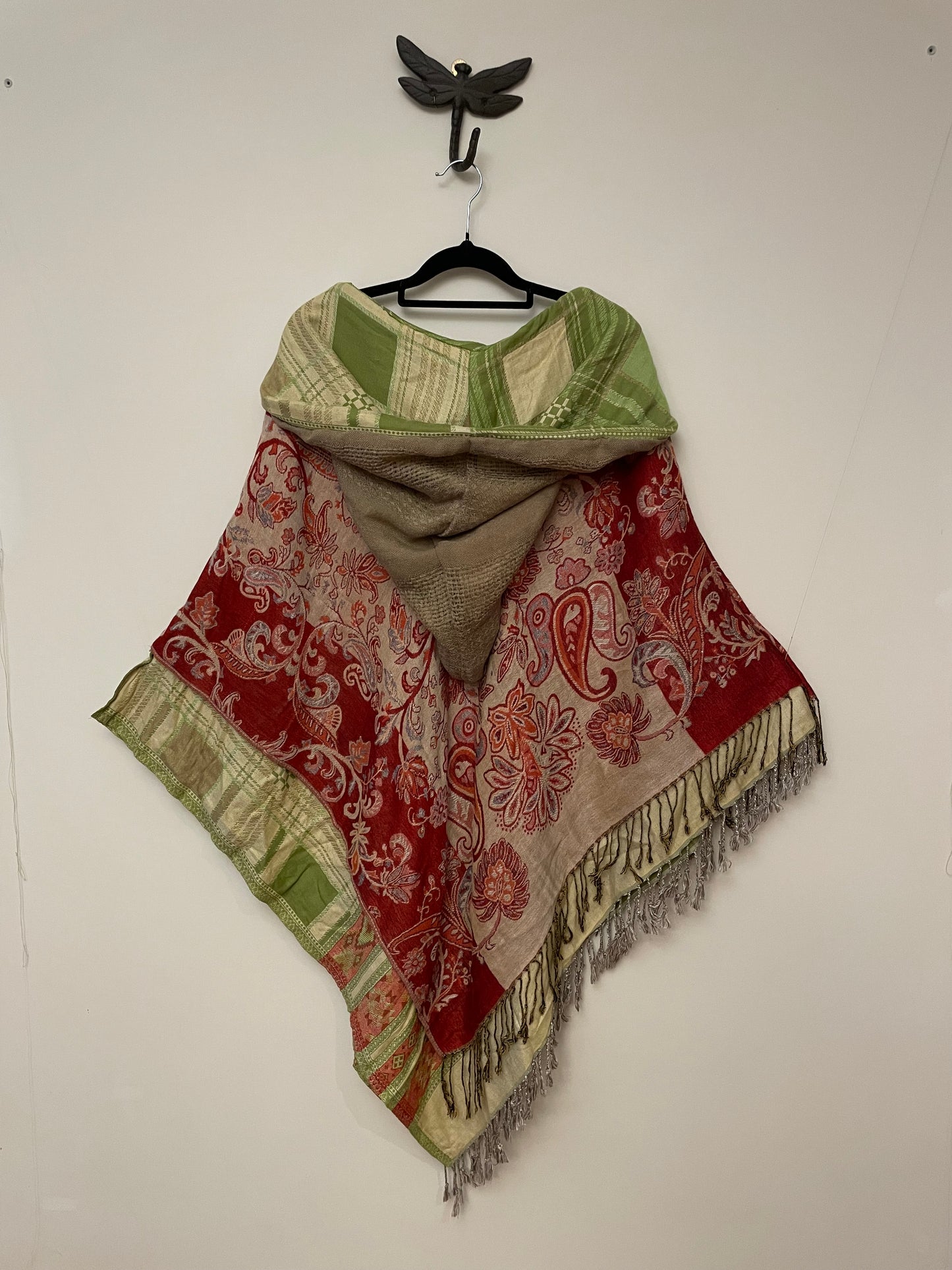Green Beige and Red Poncho