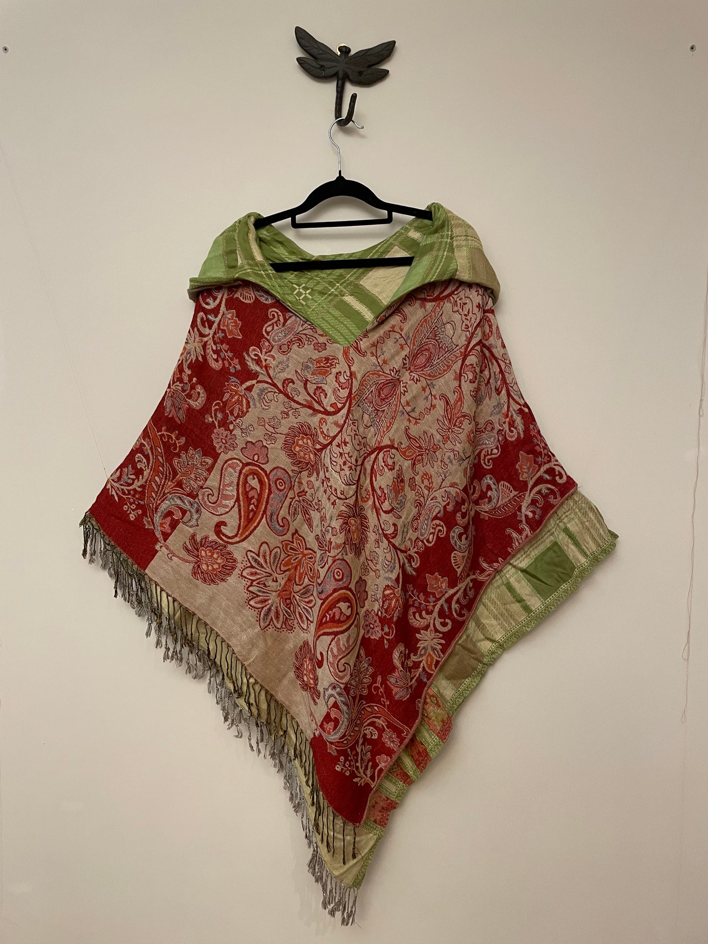 Green Beige and Red Poncho