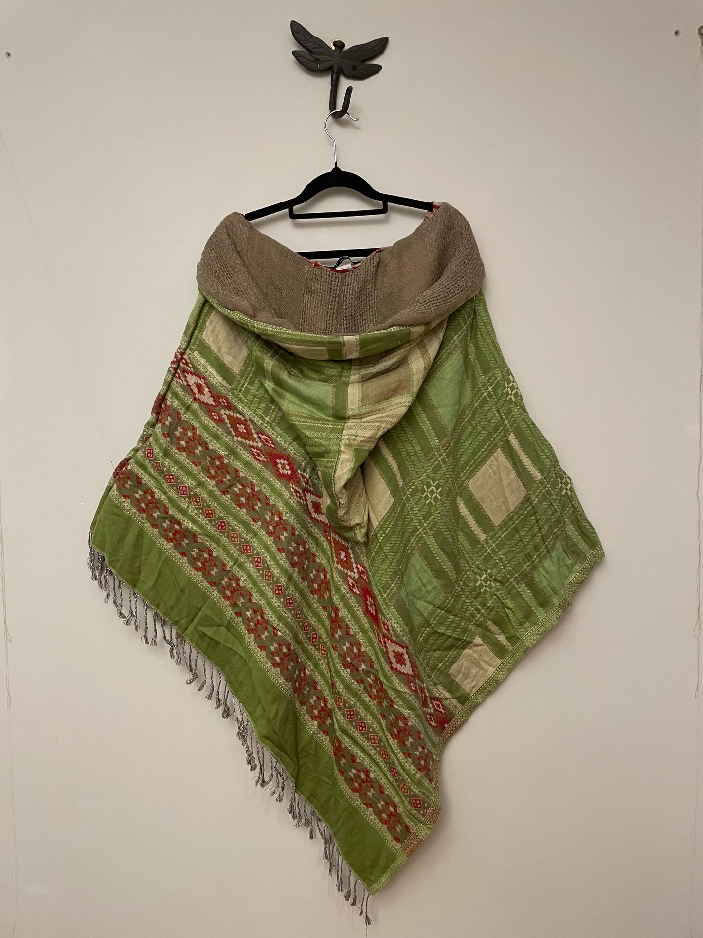 Green Beige and Red Poncho