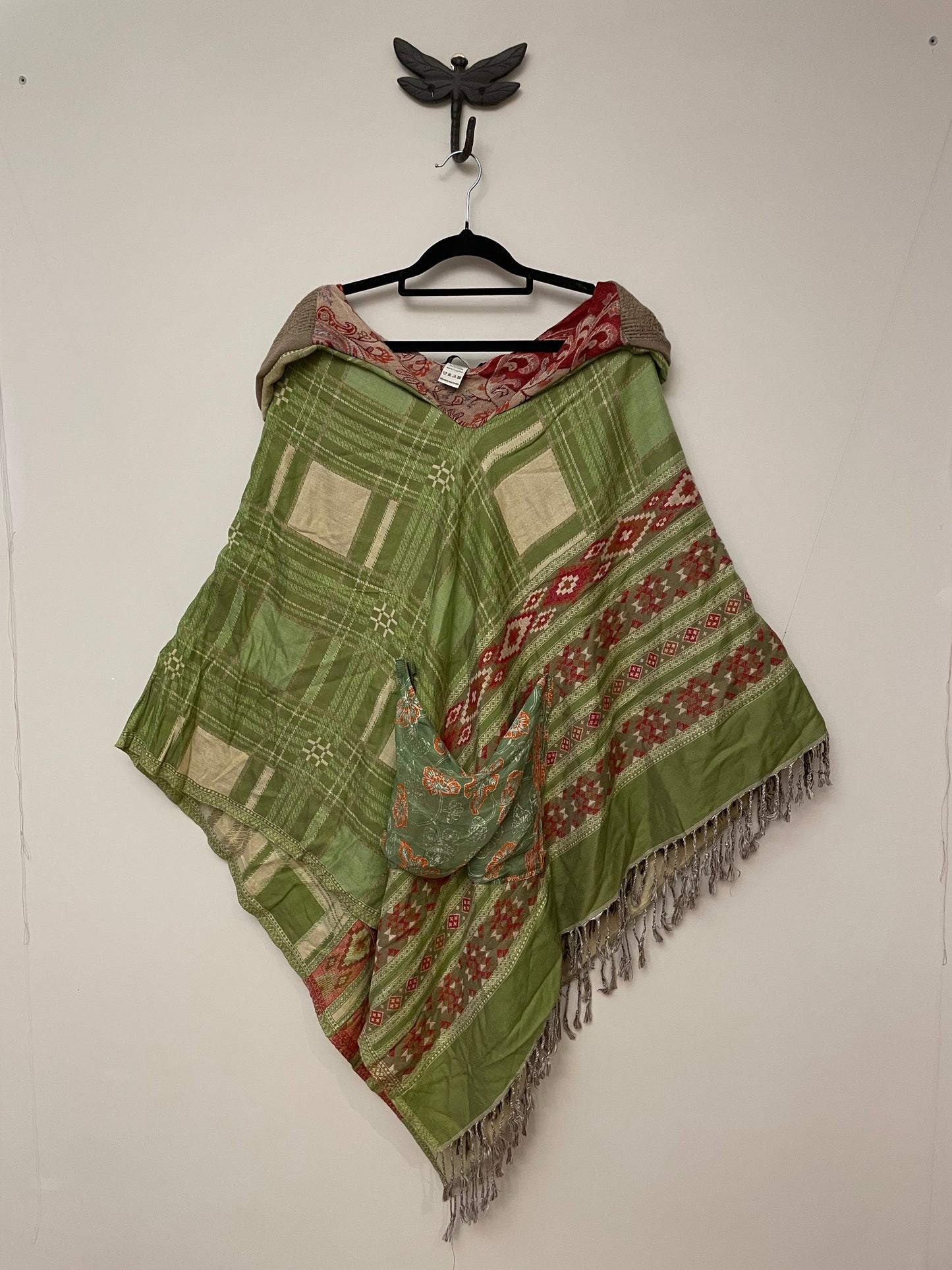 Green Beige and Red Poncho