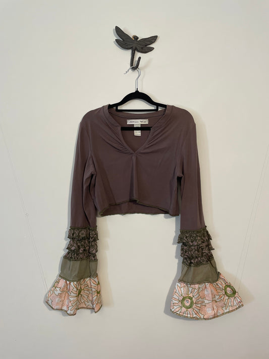 Brown Green and Pink Lace Cropped Flare Top